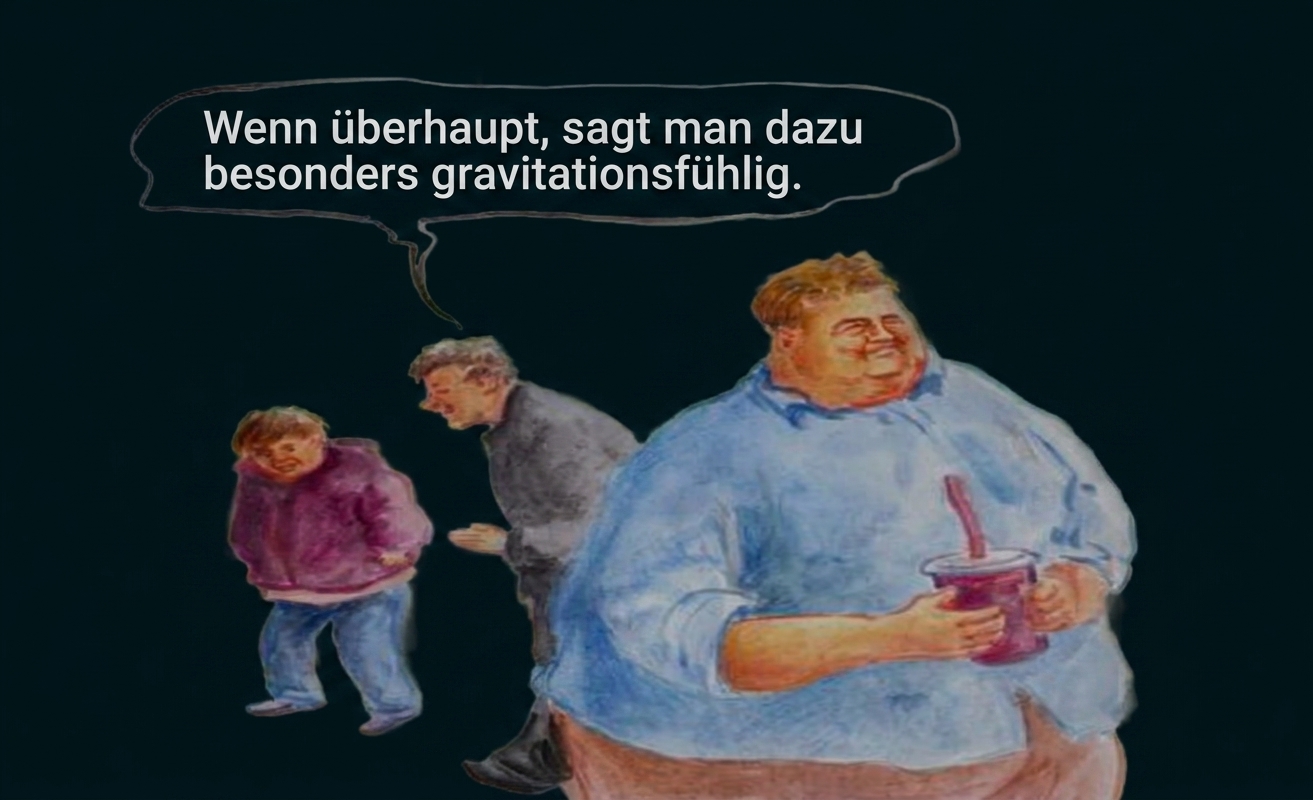 Cartoon: drei Personen, vorn ein kräftiger Mann mit Getränk, hinten zwei Personen und eine Sprechblase über 'gravitationsfühlig'.